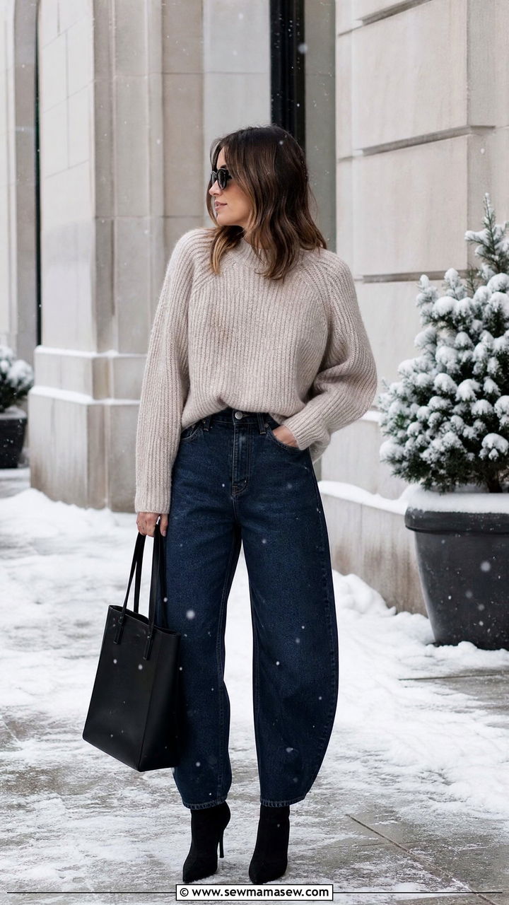 Chunky Knit Sweater And Barrel Jeans Outfit - 25 how to style barrel jeans