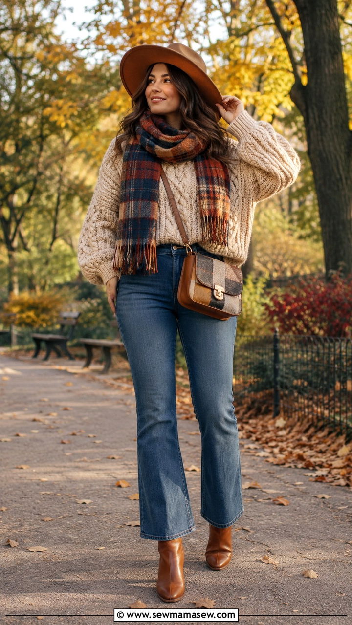 Chunky Knit Sweater And Flared Jeans Outfit - 25 boho chic capsule wardrobe outfits