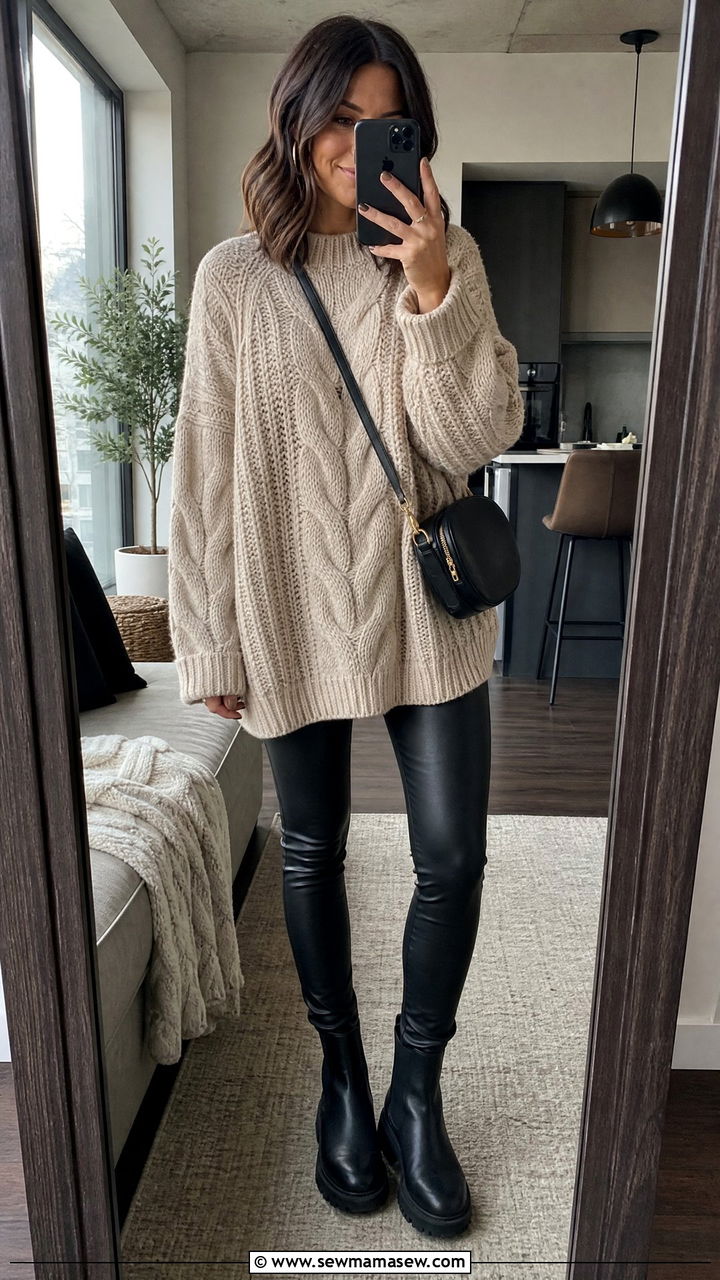 Chunky Knit Sweater And Leather Leggings Outfit For Women In Their 30s - 25 How to dress in your 30s