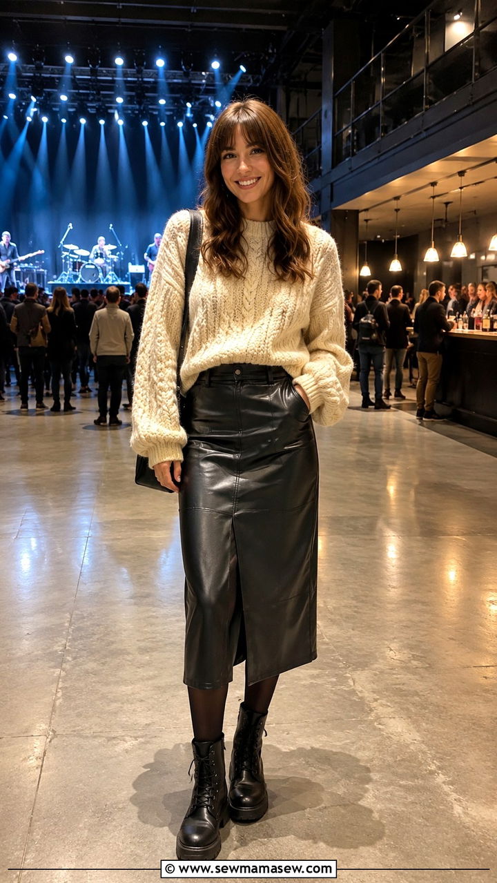 Chunky Knit Sweater And Leather Midi Skirt Fall Concert Look - 25 seasonal concert outfit ideas