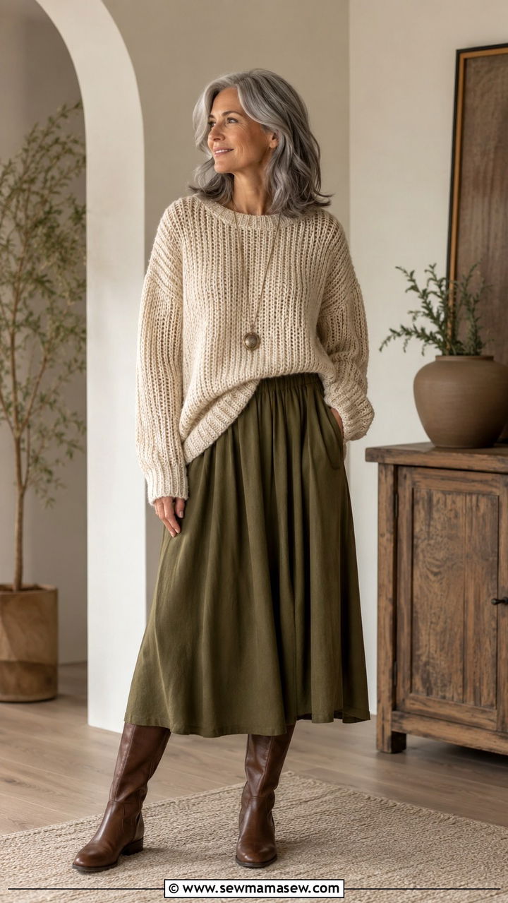 Chunky Knit Sweater And Midi Skirt - 30 Minimalist outfit ideas for women over 50
