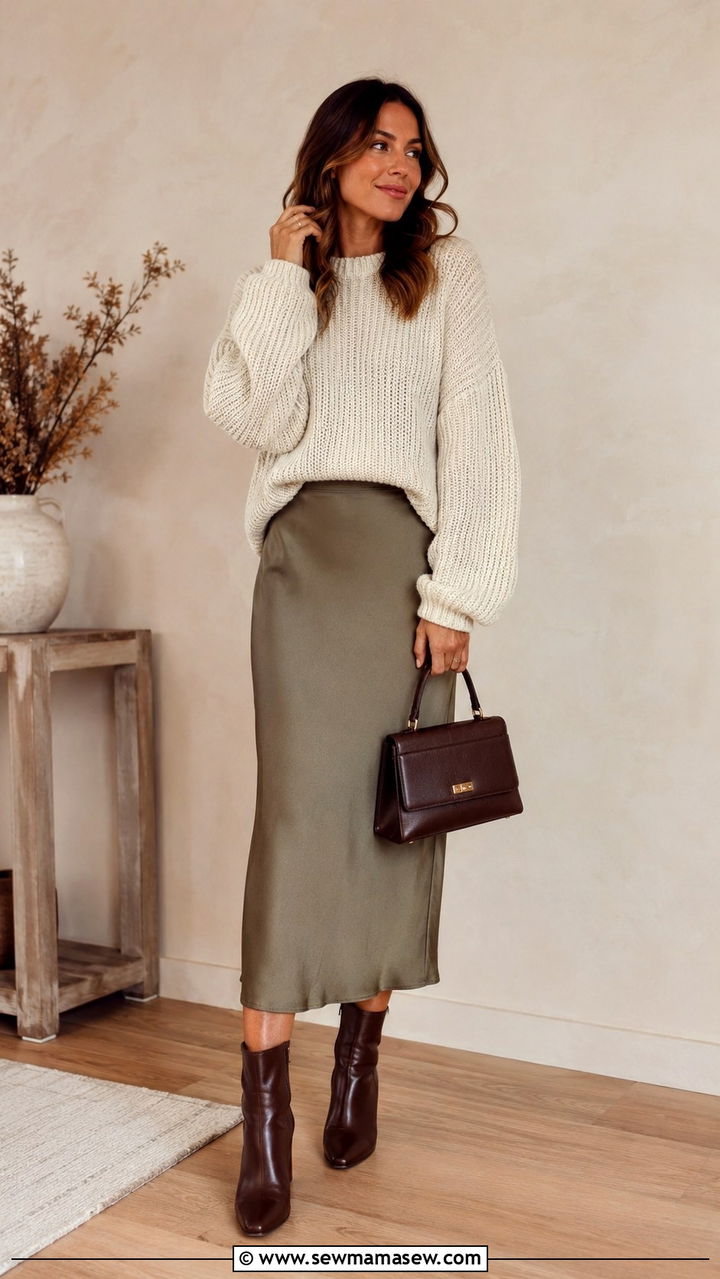 Chunky Knit Sweater And Midi Skirt Brunch Look - 30 brunch outfits inspo