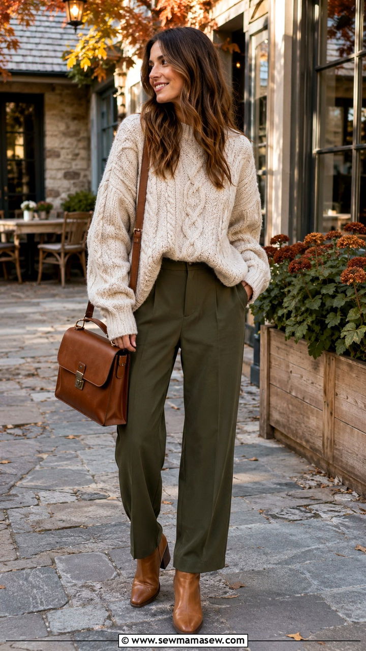 Chunky Knit Sweater And Olive Trousers Brunch - 30 brunch outfits 2026