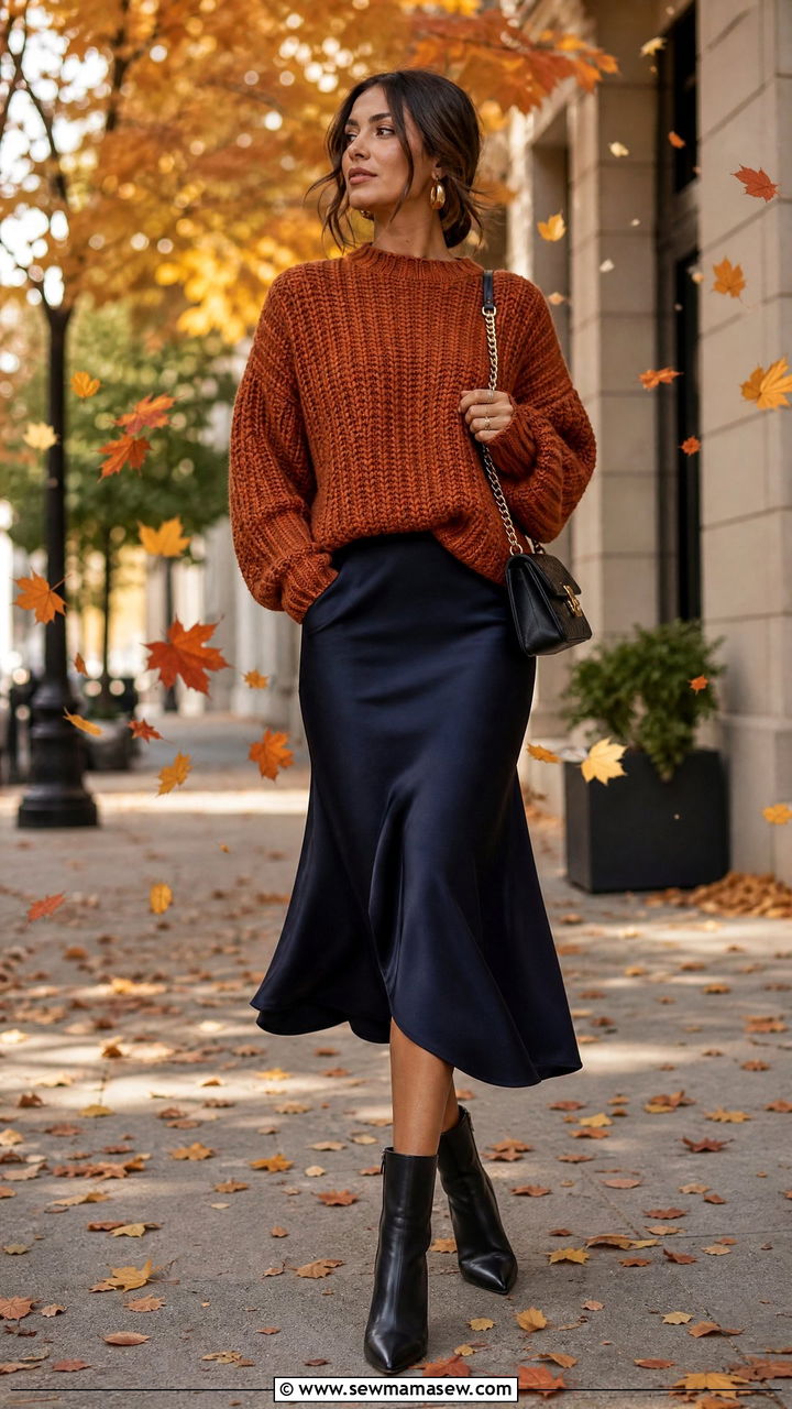Chunky Knit Sweater And Satin Midi Skirt Fall Look - 25 Fashion for college sophomore