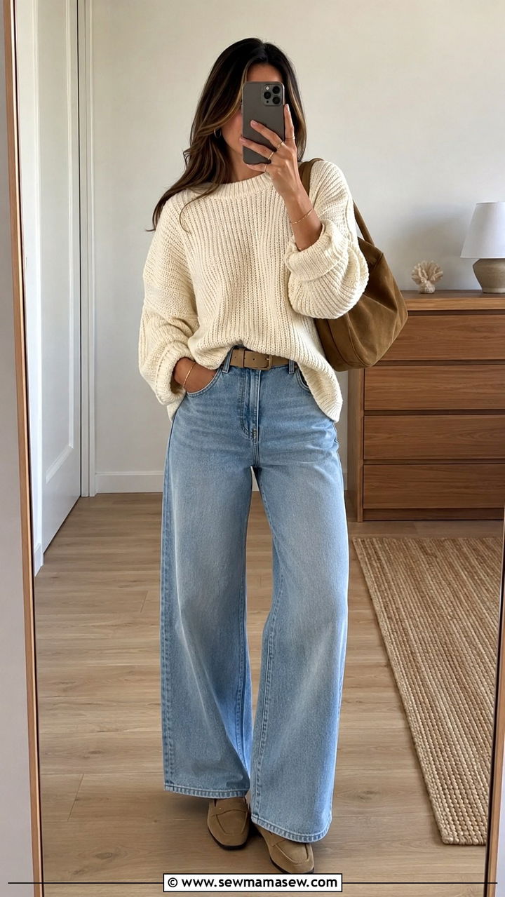Chunky Knit Sweater And Wide Leg Jeans With Loafers - 25 Wide leg jeans outfit ideas with loafers