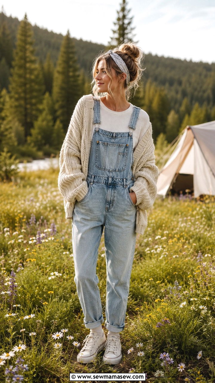Chunky Knit Sweater Denim Overalls Spring Camping Outfit - 30 Spring camping trip outfits