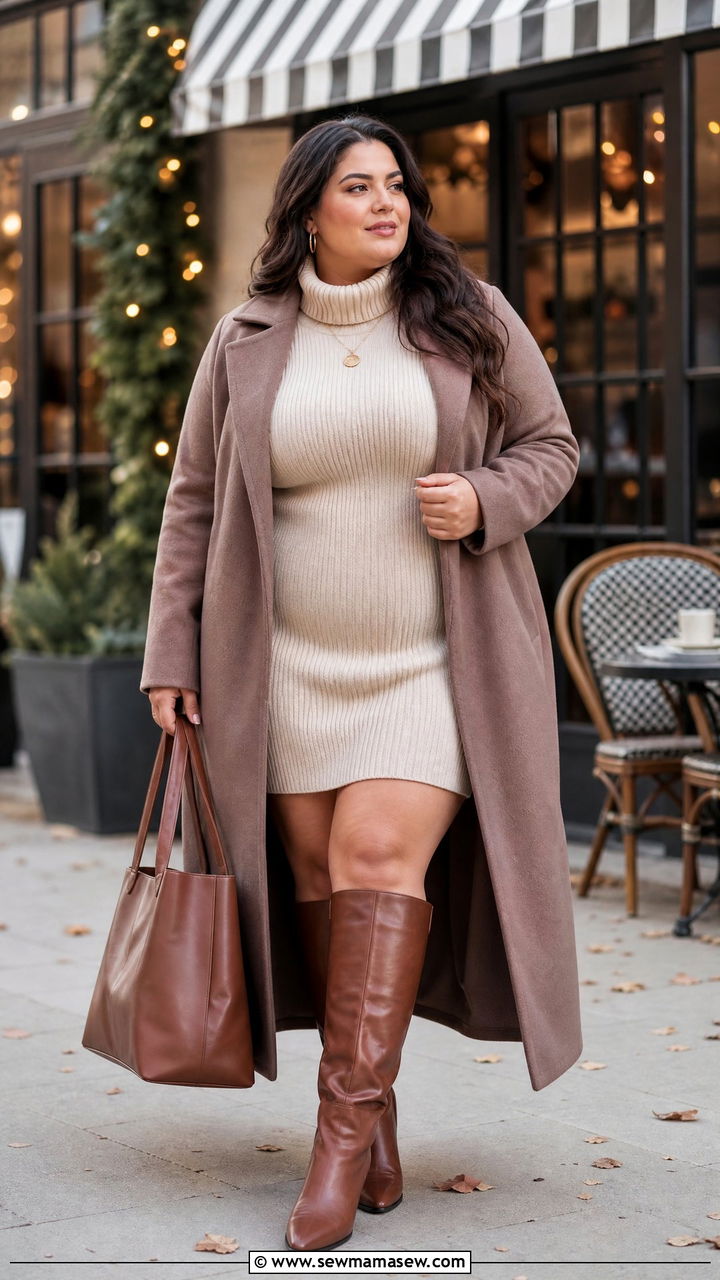 Chunky Knit Sweater Dress with Knee High Boots - 30 Brunch outfit ideas plus size
