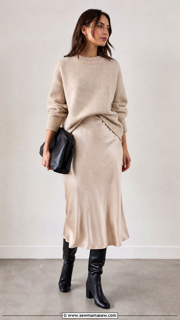 Chunky Knit Sweater Half Tucked Into Satin Midi Skirt - 25 Quiet luxury outfit ideas The Row style