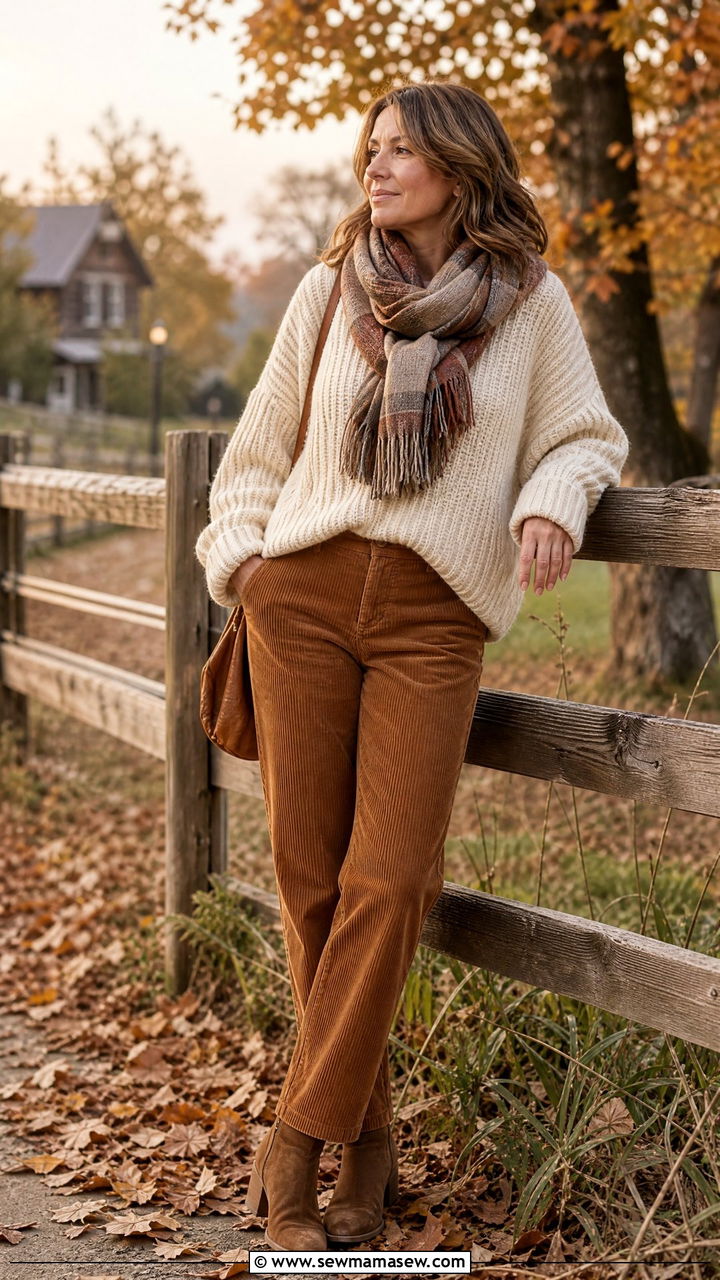 Chunky Knit Sweater Outfit with Corduroy Pants and Ankle Boots - 25 light academia outfit ideas for women over 40