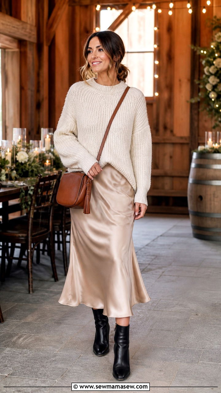 Chunky Knit Sweater Over Slip Dress With Ankle Boots - 40 Casual wedding guest outfits