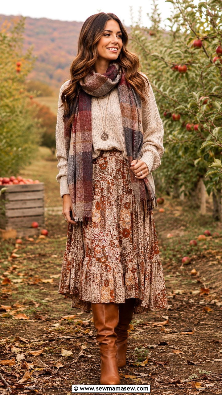 Chunky Knit Sweater Over Tiered Maxi Skirt - 25 boho chic outfits to copy