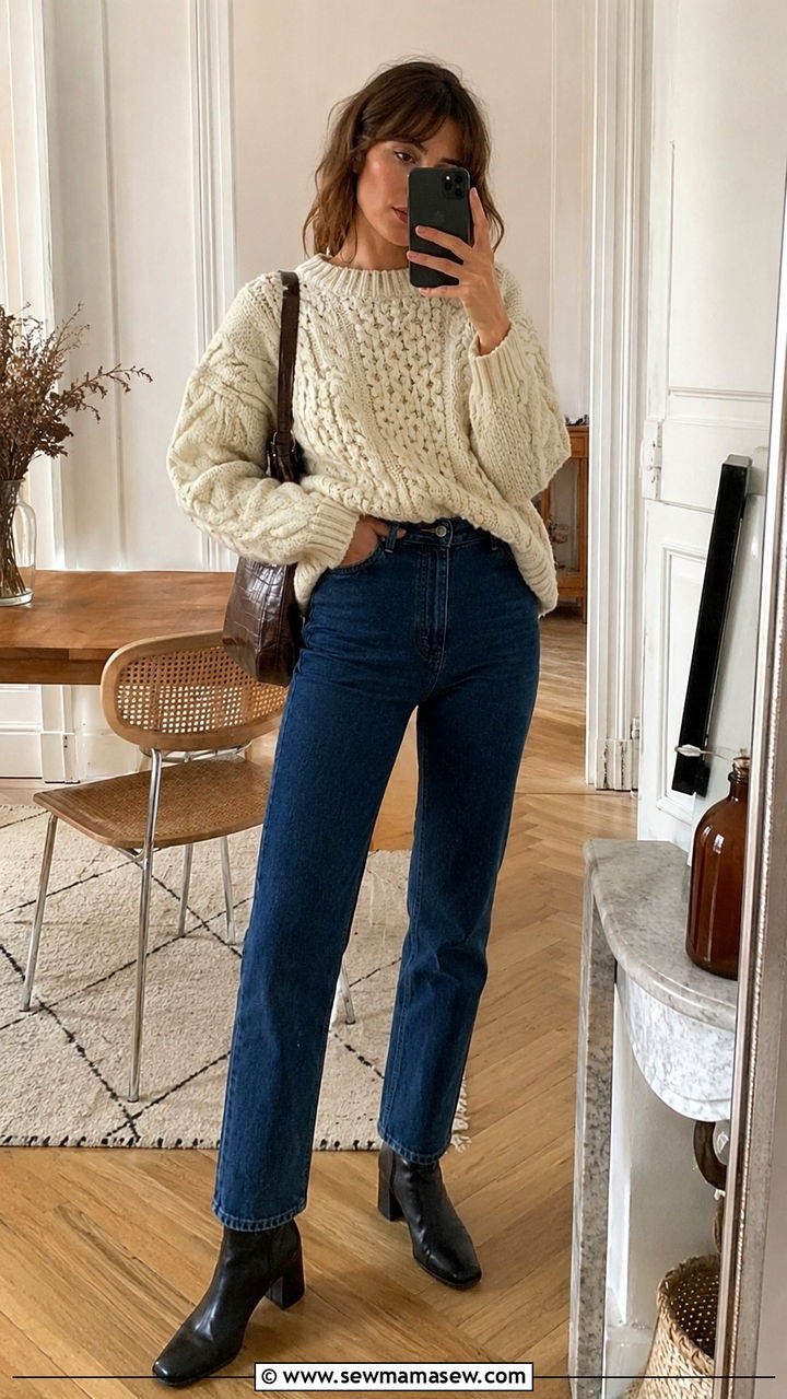 Chunky Knit Sweater Tucked Into High Waisted Jeans With Ankle Boots - 30 Jeanne Damas outfit ideas
