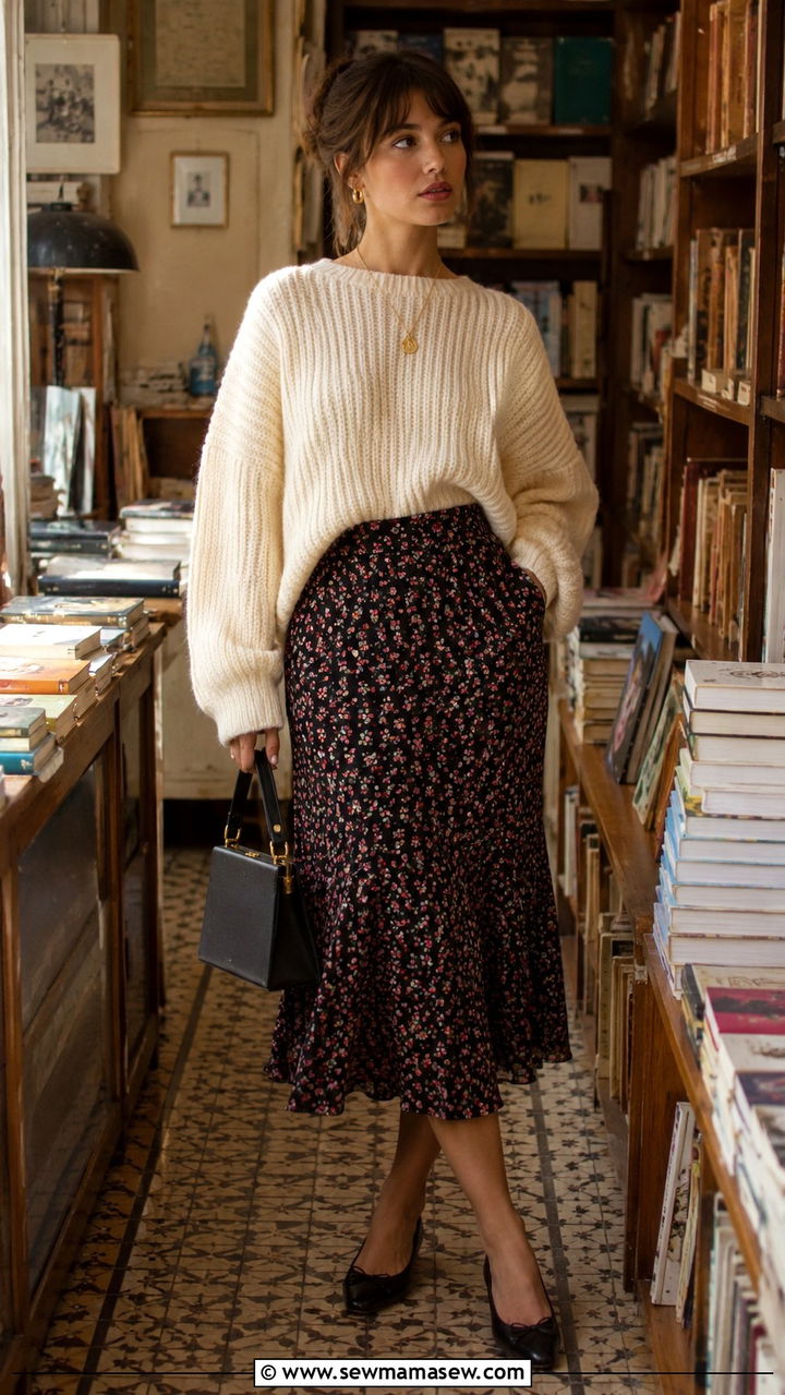 Chunky Knit Sweater Tucked Into a Printed Midi Skirt - 30 Jeanne Damas outfit ideas