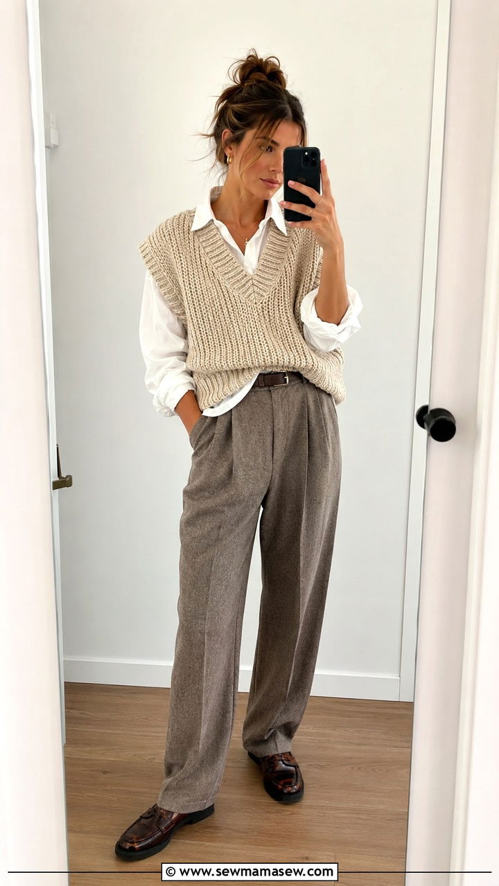 Chunky Knit Sweater Vest Over a Collared Shirt - 20 dark academia outfits to copy
