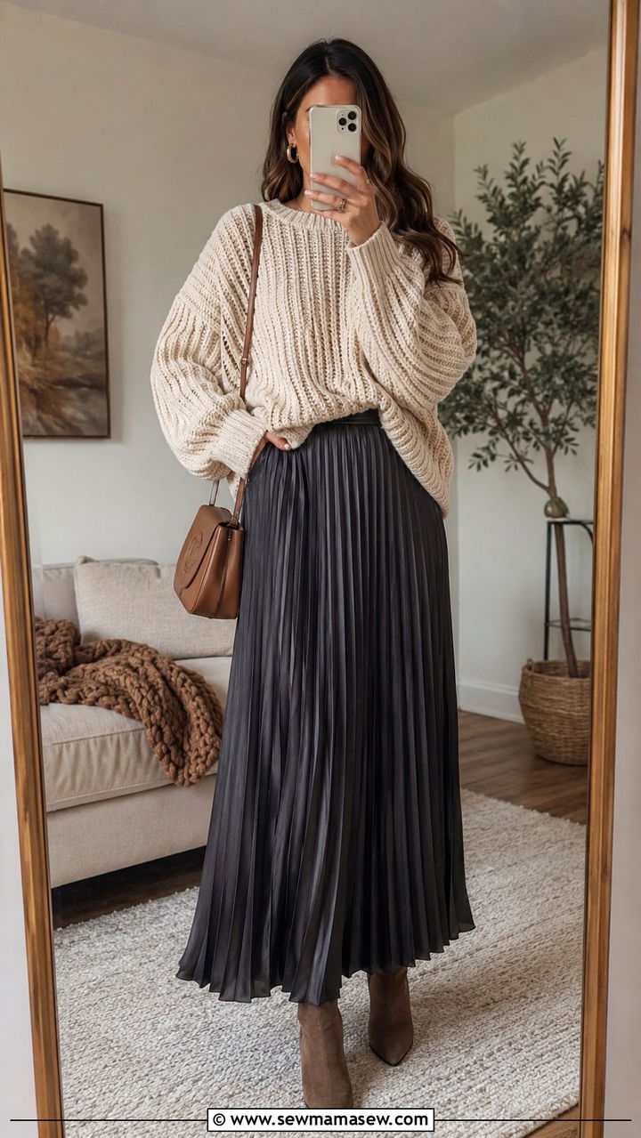 Chunky Knit Sweater With A Pleated Maxi Skirt - 30 how to style maxi skirt outfits