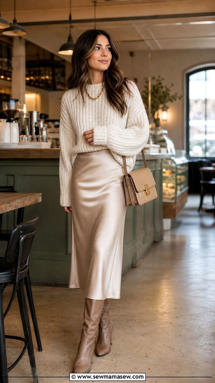Chunky Knit Sweater With A Satin Midi Skirt - 40 French girl outfit ideas