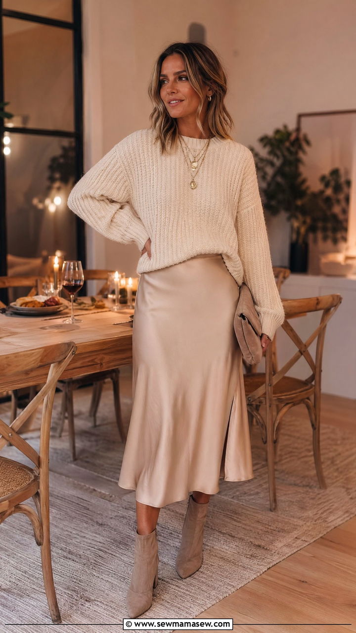 Chunky Knit Sweater With A Satin Midi Skirt - 35 Dinner party outfit ideas