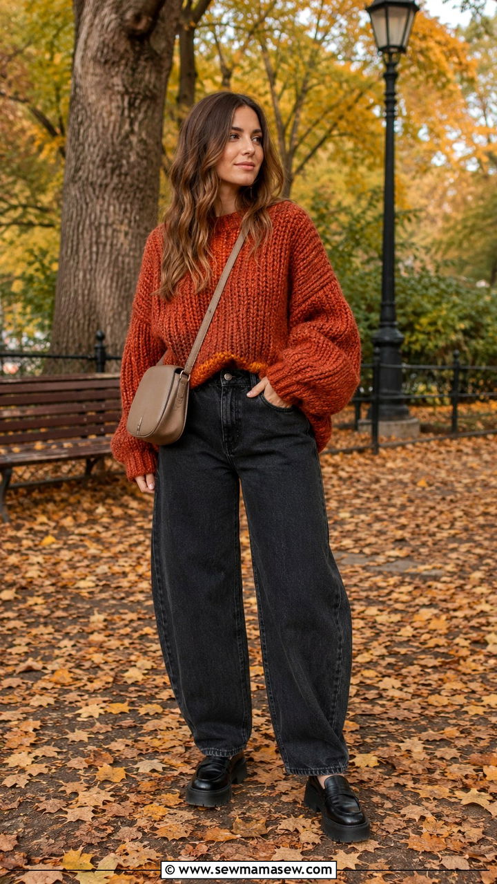Chunky Knit Sweater With Barrel Jeans And Platform Loafers - 25 Barrel jeans outfit ideas with loafers