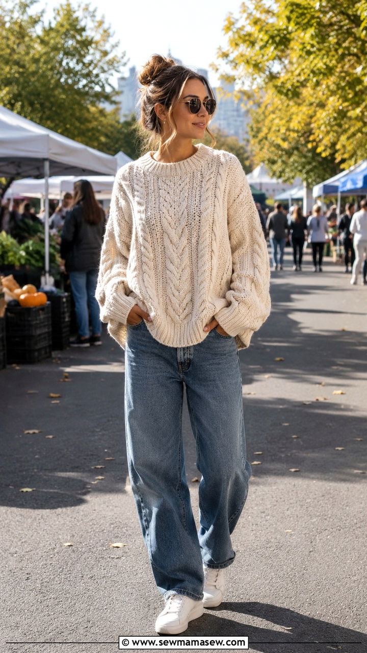 Chunky Knit Sweater With Barrel Leg Jeans And Sneakers - 30 Quiet luxury outfit ideas with jeans