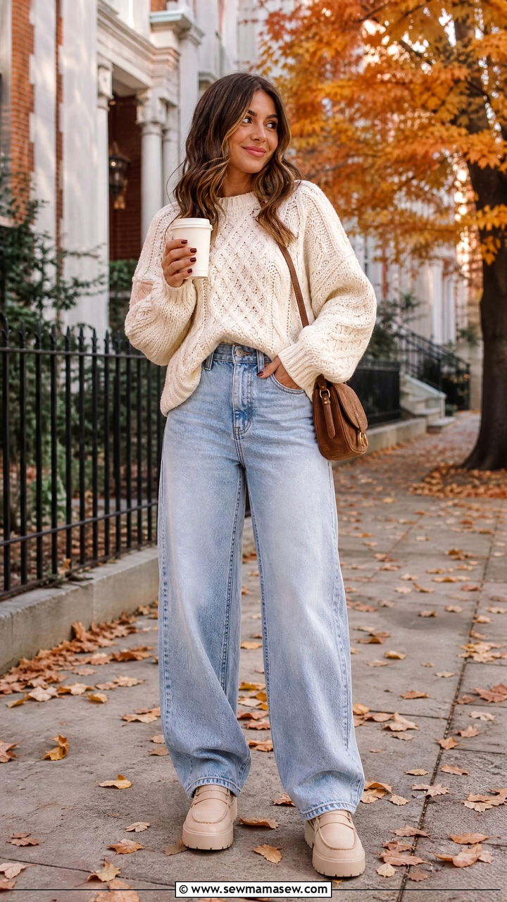 Chunky Knit Sweater With Barrel Leg Jeans - 25 chic jeans outfit ideas