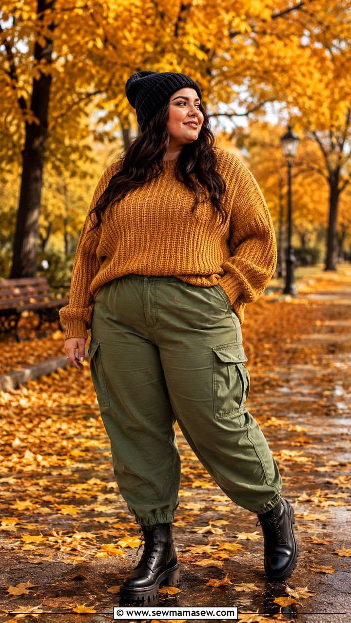Chunky Knit Sweater With Cargo Pants and Lug Sole Boots - 30 Plus size outfit ideas with cargo pants