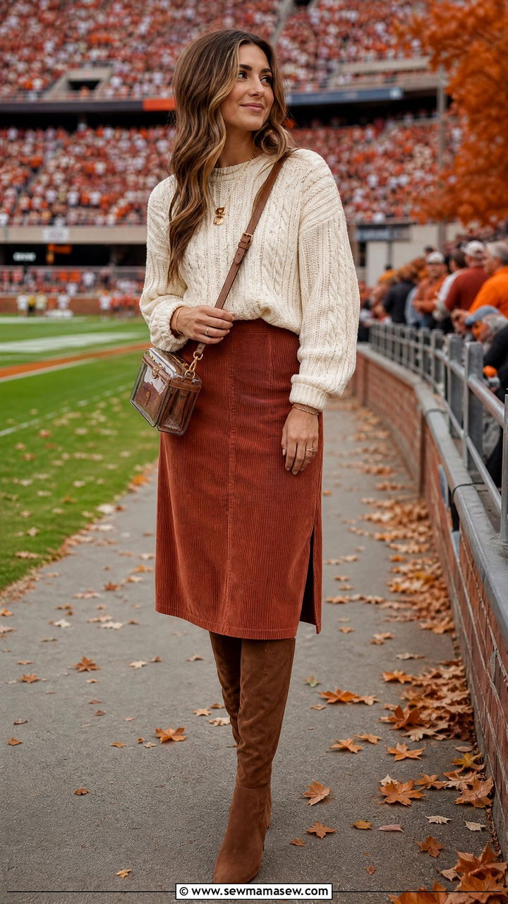 Chunky Knit Sweater With Corduroy Skirt And Suede Boots - 35 Gameday outfit ideas 2026