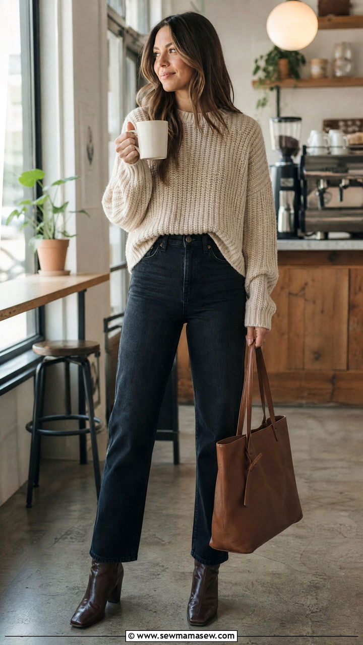 Chunky Knit Sweater With Dark Straight Leg Jeans - 25 casual outfits for pear shaped body