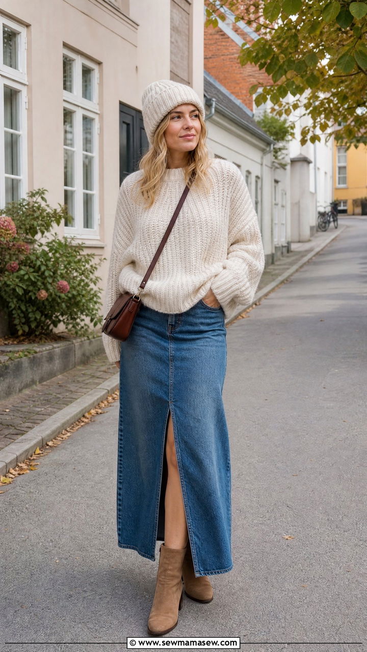Chunky Knit Sweater With Denim Maxi Skirt Outfit - 25 classy Copenhagen outfits