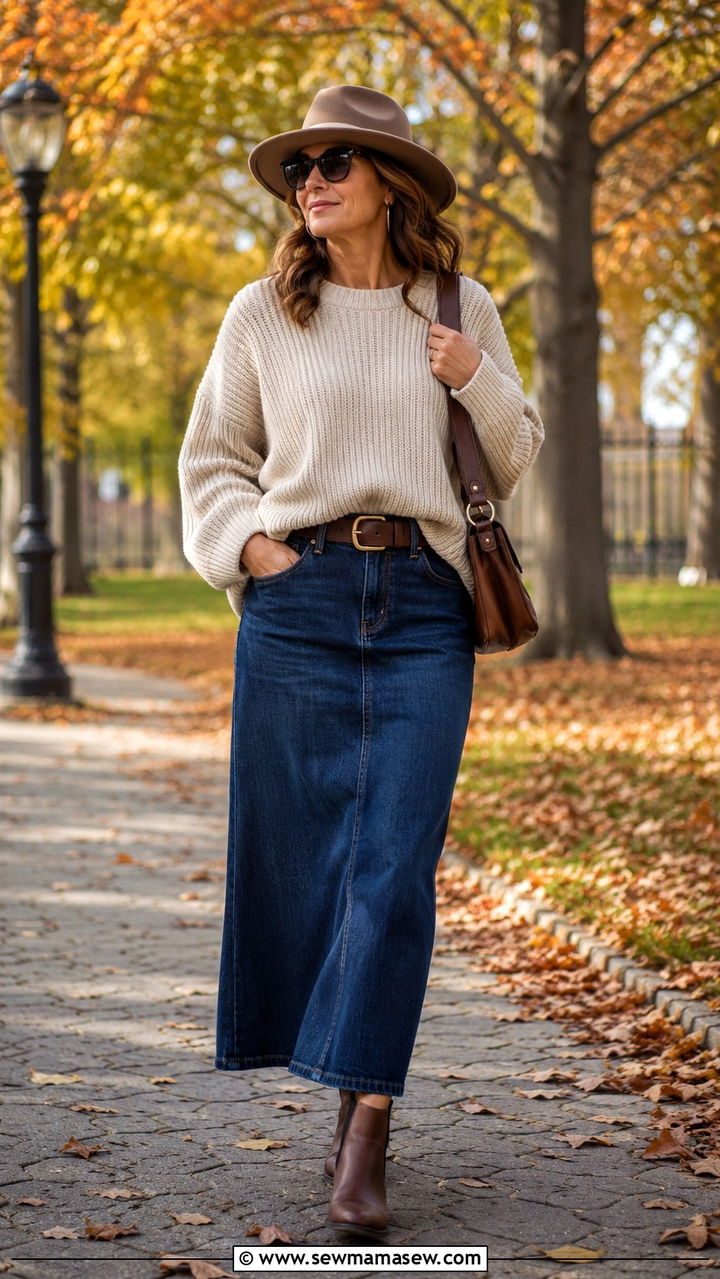 Chunky Knit Sweater With Denim Maxi Skirt and Boots - 20 denim maxi skirt outfits for women over 40