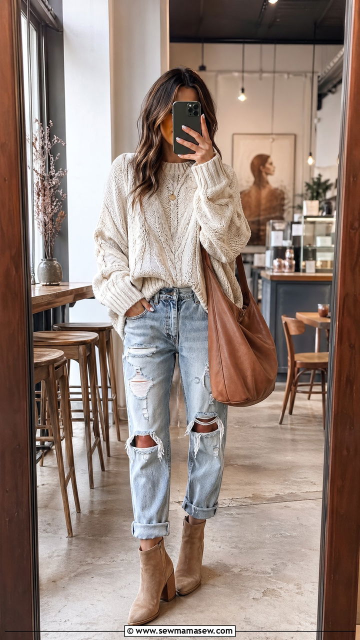Chunky Knit Sweater With Distressed Jeans - 35 Distressed jeans outfit ideas