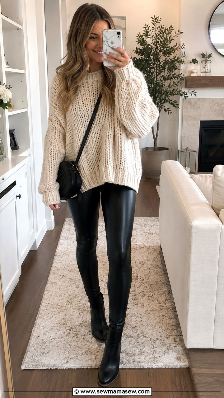 Chunky Knit Sweater With Faux Leather Leggings - 30 Outfit ideas for working moms