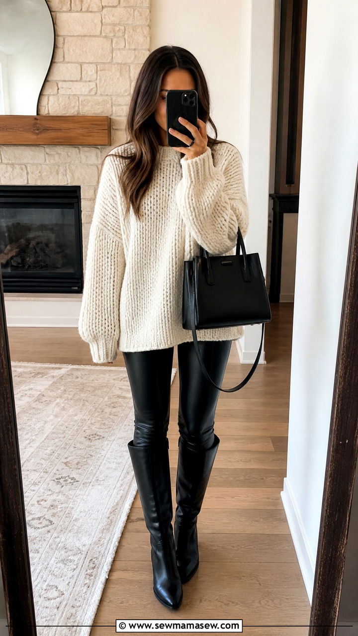 Chunky Knit Sweater With Faux Leather Leggings And Knee Boots - 40 Timeless outfit ideas