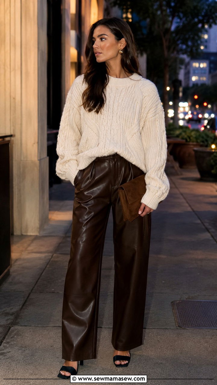 Chunky Knit Sweater With Faux Leather Trousers And Square Toe Mules - 20 Quiet luxury The Row dupes outfit ideas