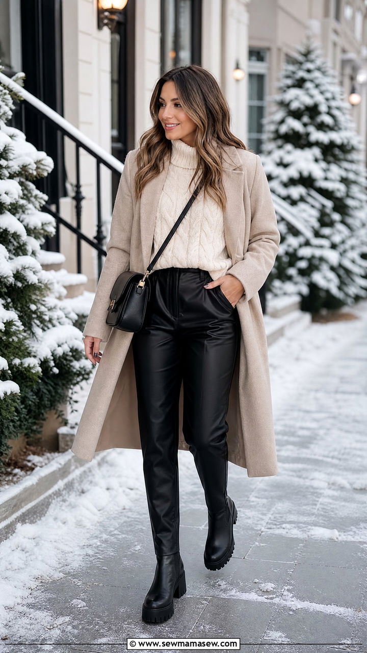 Chunky Knit Sweater With Faux Leather Trousers For Cold Weather Planners - 30 Event planner outfit ideas