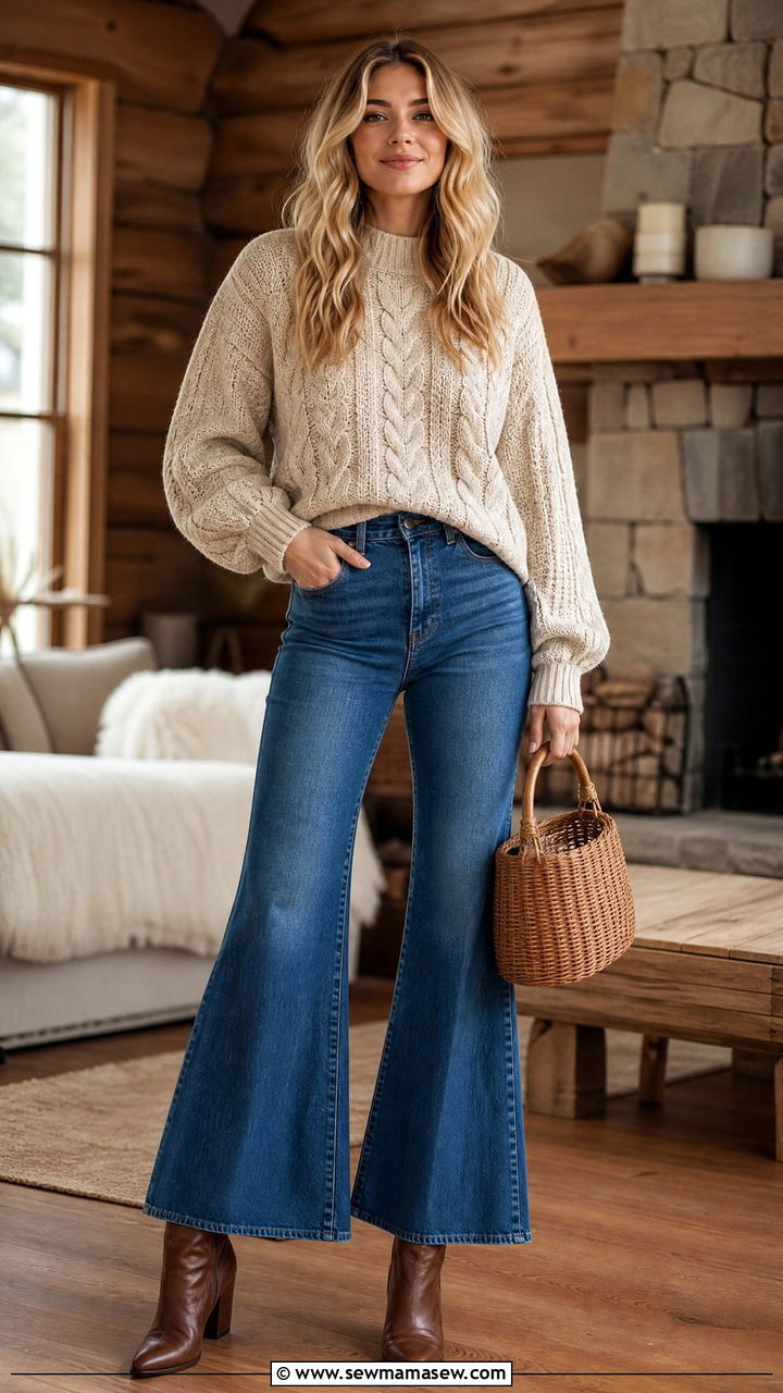 Chunky Knit Sweater With Flared Jeans - 30 Jane Birkin outfit ideas