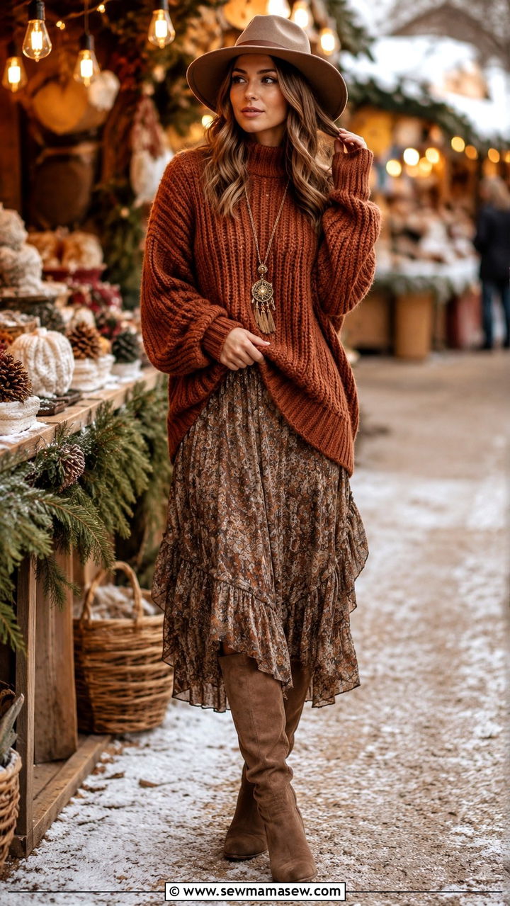 Chunky Knit Sweater With Flowy Midi Skirt - 25 boho chic outfits aesthetic