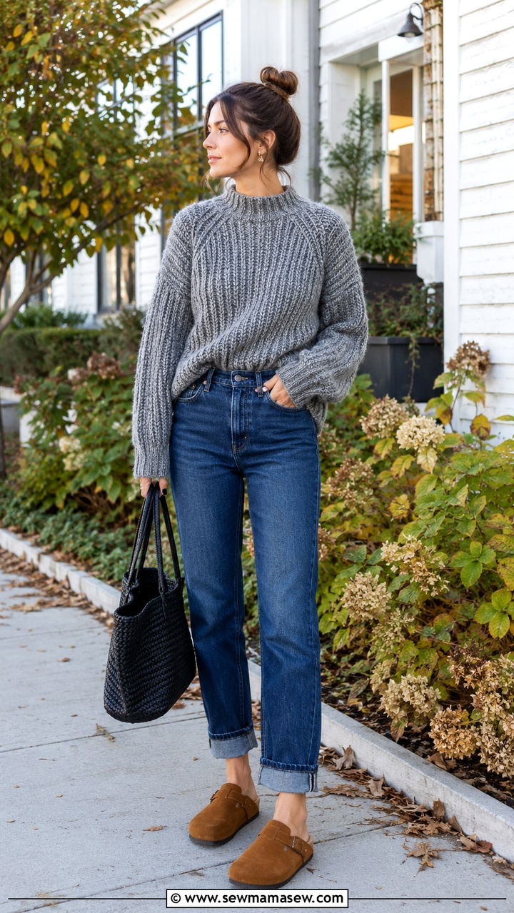Chunky Knit Sweater With High Waisted Cuffed Jeans and Suede Clogs - 30 High waisted jeans outfit ideas with a sweater