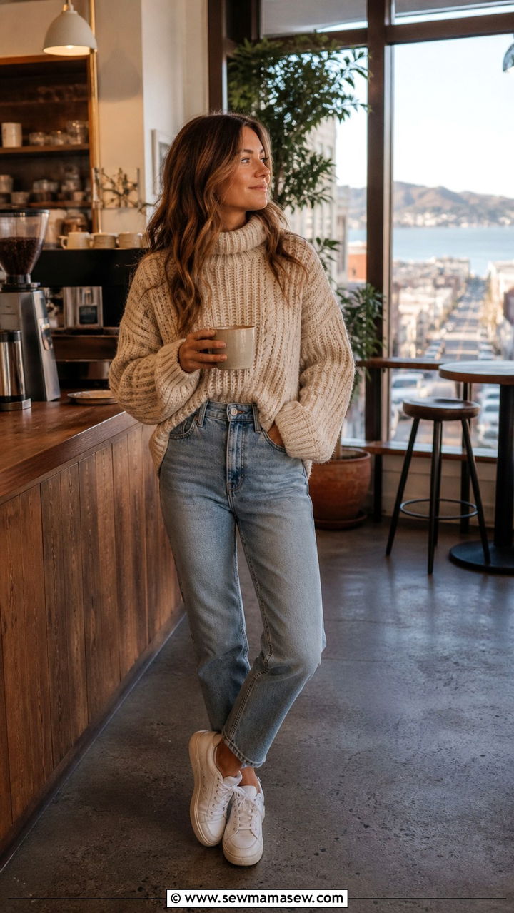 Chunky Knit Sweater With High Waisted Jeans San Francisco - 40 San Francisco outfit ideas