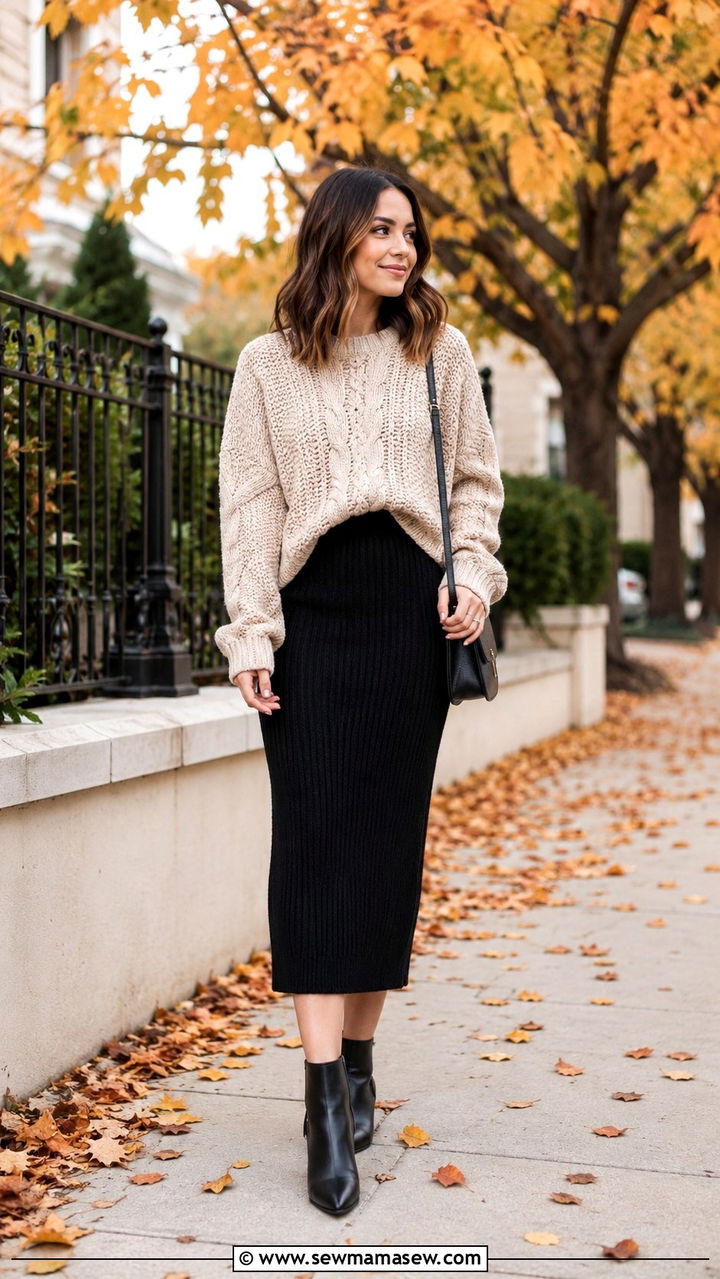 Chunky Knit Sweater With Knit Midi Skirt And Ankle Boots - 25 Petite outfit ideas with midi skirt