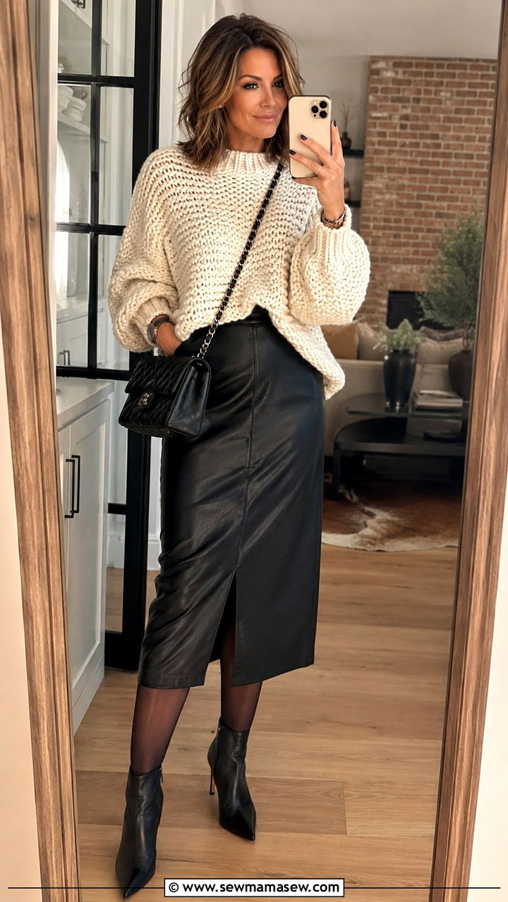 Chunky Knit Sweater With Leather Midi Skirt - 30 romantic outfit ideas for women over 40