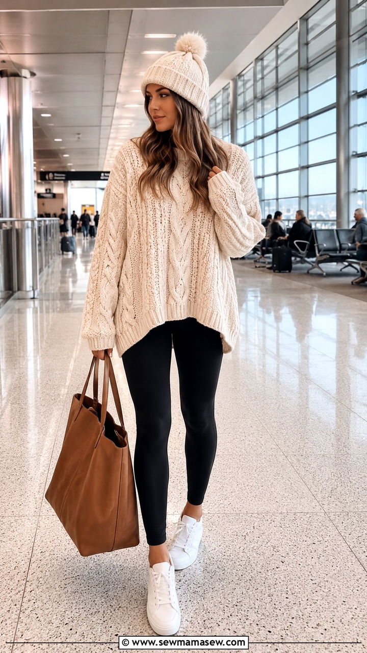 Chunky Knit Sweater With Leggings - 25 Airport outfit ideas clean girl