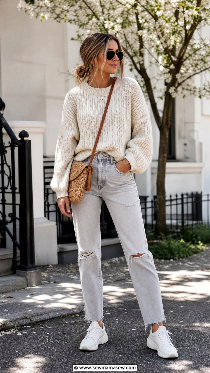 Chunky Knit Sweater With Light Gray Distressed Jeans - 25 Laid back spring outfit ideas 2026