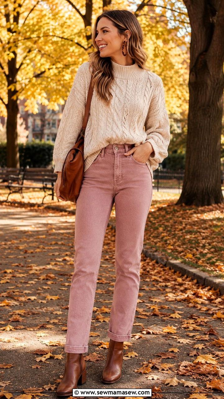 Chunky Knit Sweater With Mauve Pink Jeans and Ankle Boots - 30 Pink jeans outfit ideas