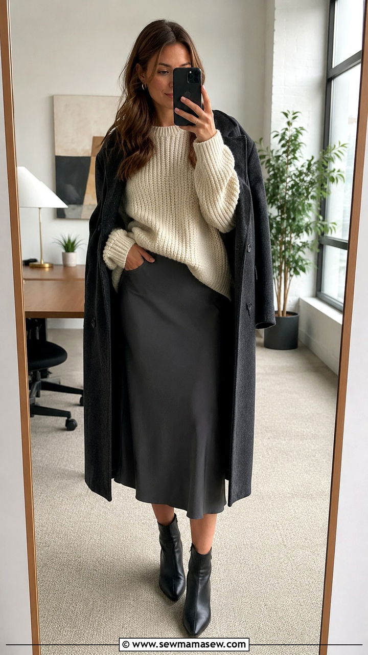 Chunky Knit Sweater With Midi Skirt - 30 Office outfits with midi skirt