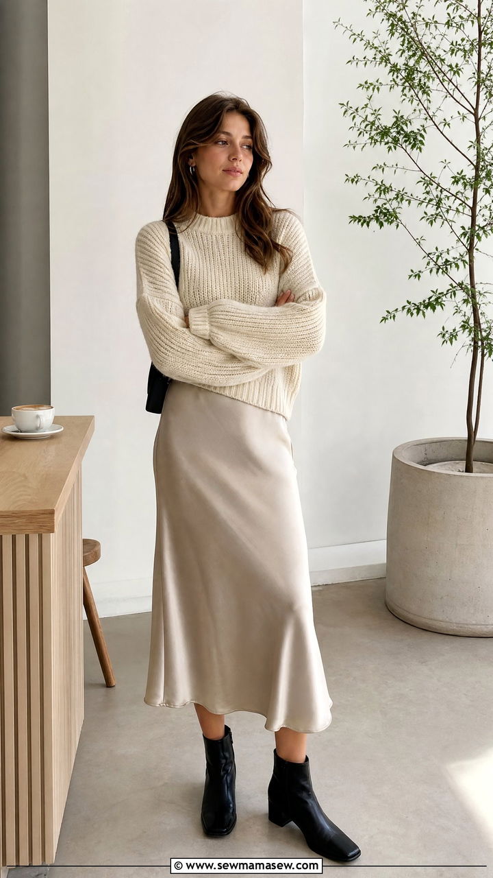 Chunky Knit Sweater With Midi Skirt And Ankle Boots - 30 casual scandinavian outfits