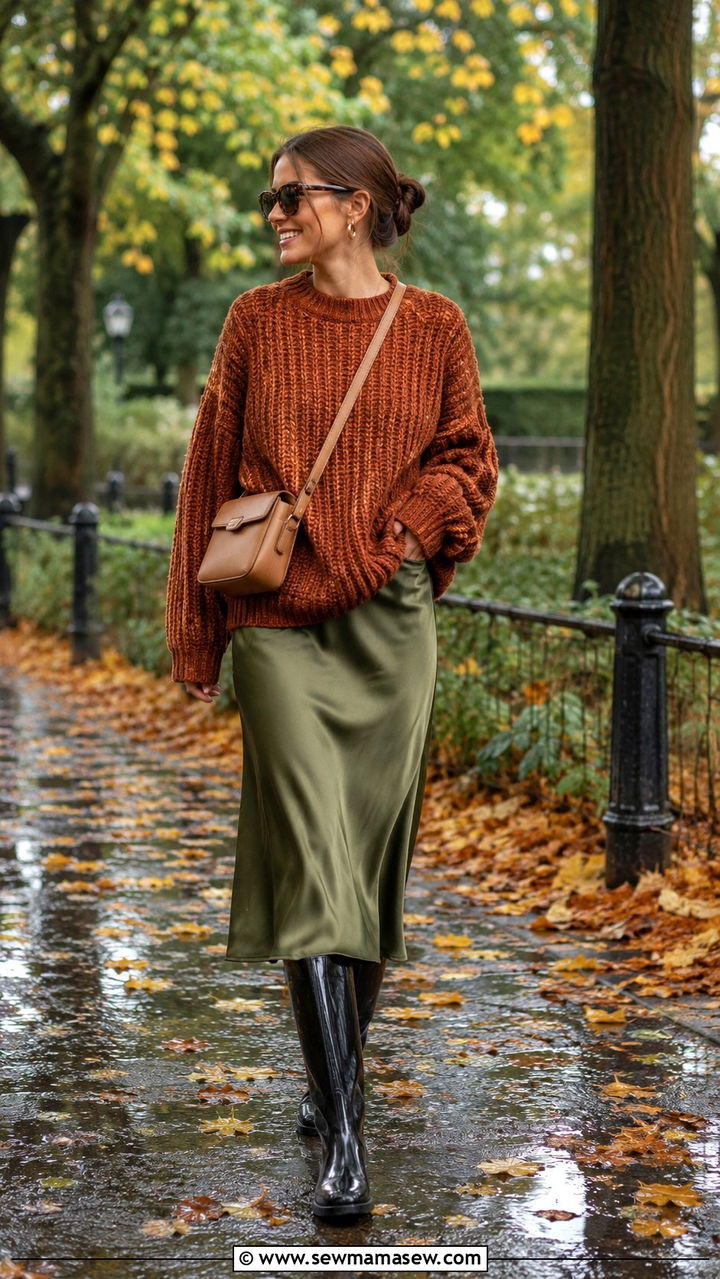 Chunky Knit Sweater With Midi Skirt and Rain Boots - 25 rainy day outfits trends