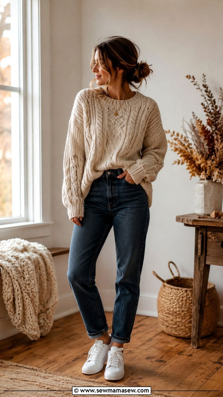 Chunky Knit Sweater With Mom Jeans and White Sneakers - 30 Mom jeans outfit ideas with white sneakers