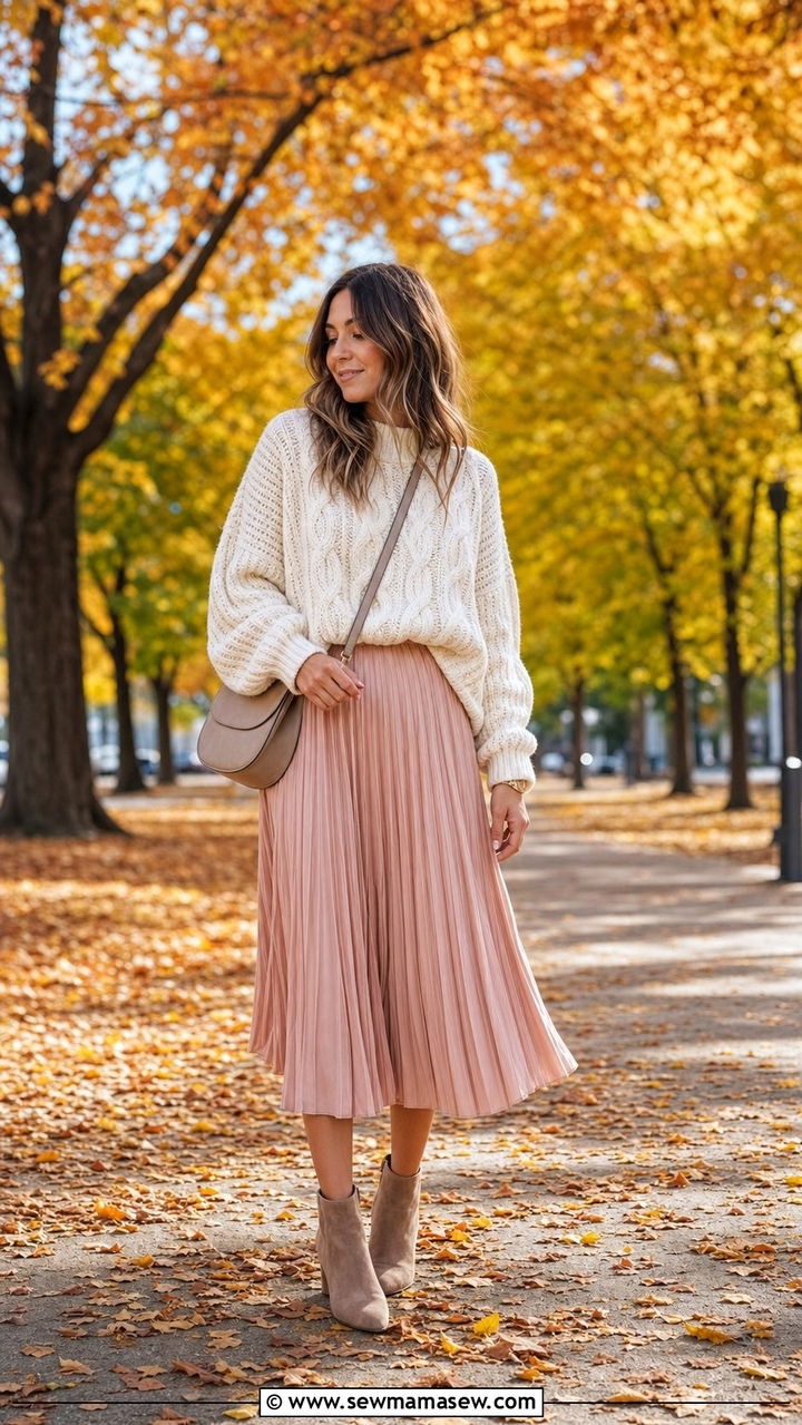 Chunky Knit Sweater With Pleated Midi Skirt - 25 classy modest classy outfits