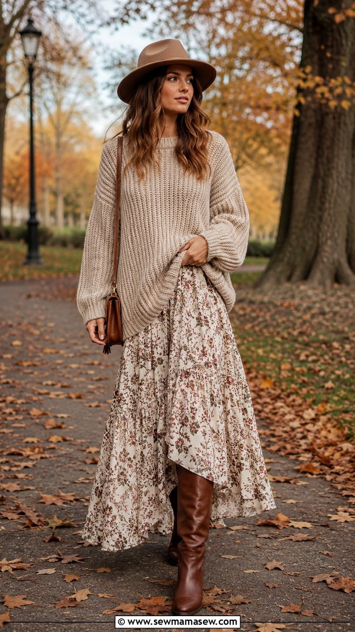 Chunky Knit Sweater With Printed Maxi Dress Boho Look - 20 Boho outfit ideas Free People style