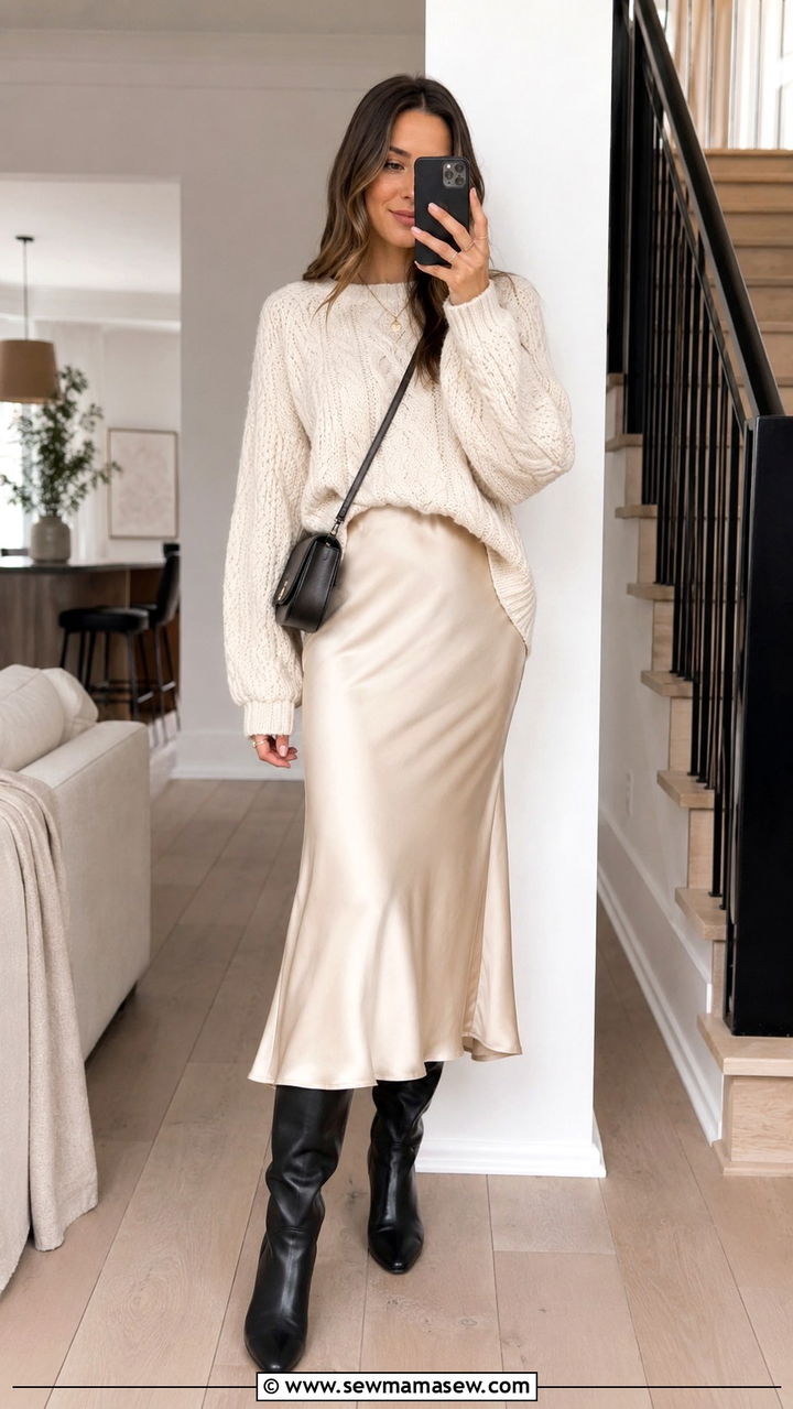 Chunky Knit Sweater With Satin Midi Skirt And Knee High Boots - 20 Quiet luxury The Row dupes outfit ideas